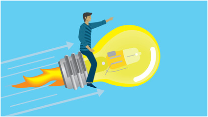 Fototapeta premium Man flying on light bulb rocket. Dimension 16:9. Vector illustration.