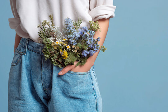 Bouquet of spring flowers tucked into jeans pocket on a casual young woman celebrating Mother's Day. Spring, freshness, fashion, sale, romance and awakening concept