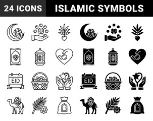 Fototapeta premium Islamic Religious Symbols Combined with Traditional Elements Featuring Date Palm Fruit Crescent Moon Lantern Prayer Rug and Charity Bag