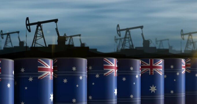 Australia oil business and fuel extraction barrels in row seamless and loopable concept. Australian petrol industrial containers.