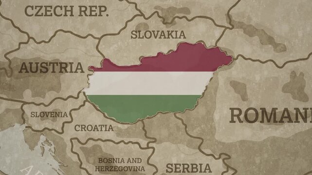 Vintage Style World Map with Hungary Highlighted in National Flag Overlay