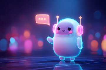 Cute robot with headphones interacts in a colorful digital space with lights and bubbles at night