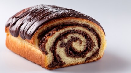Chocolate babka loaf presenting a cross section of swirled sweet dough and cocoa filling, covered with a smooth dark chocolate ganache, offering a delicious dessert or breakfast pastry