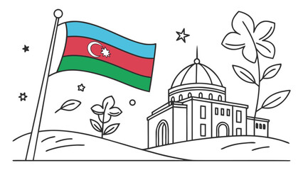 Azerbaijan flag waving beside building with dome and flowers national flag © CDMIZAN