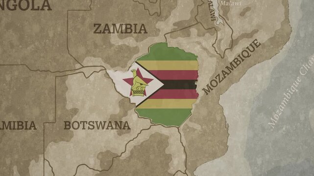 Vintage Style World Map with Zimbabwe Highlighted in National Flag Overlay