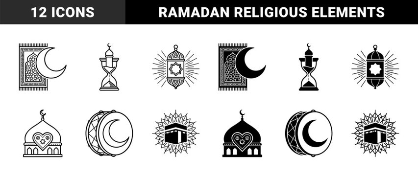 Islamic cultural symbols featuring ramadan crescent prayer rug hourglass minaret mosque dome and kaaba in dual outline and solid black style