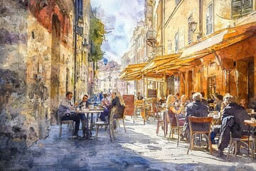 Naklejka premium Sunny European Alley with Restaurants and Shops