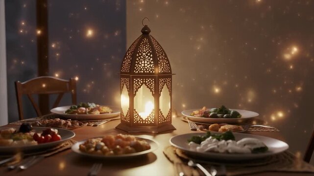 Ramadan Iftar Dinner Table Setting with Lantern and Plates of Food