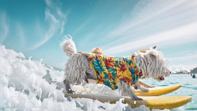 Tracking shot of two dogs surfing on yellow surfboard riding ocean waves near tropical beach in bright sunny daytime