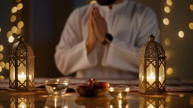 Ramadan Iftar Table Setting with Lanterns Dates and Water Man Praying in Background Bokeh Lights muslim