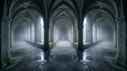 Fototapeta premium Symmetrical view of dark medieval gothic cloister with fog and stone arches