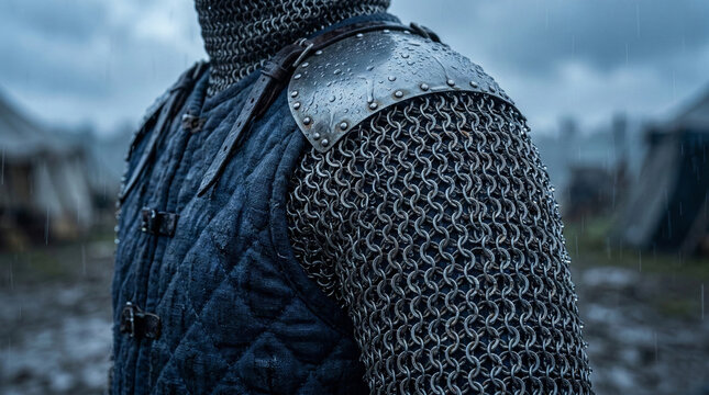 Medieval knight in chainmail armor and blue quilted gambeson standing in the rain