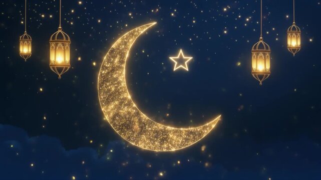 Glowing crescent moon and star with hanging lanterns in night sky with clouds and stars Ramadan background