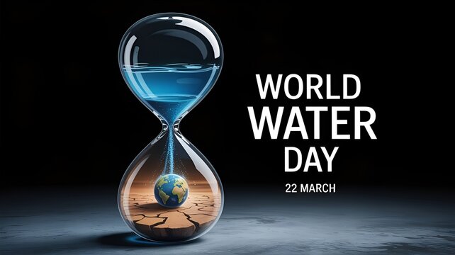 "World Water Day" 22 March Conceptual Illustration with Water in Hourglass Dripping onto Earth on Cracked Soil