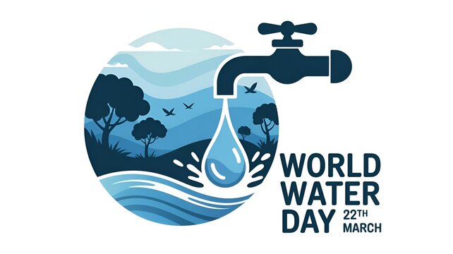 World Water Day 22th March Vector Illustration with Water Tap Dripping over Nature Landscape
