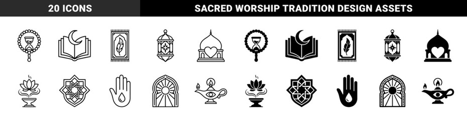 Obraz premium Islamic spiritual symbols and ramadan hybrid icons featuring prayer rug with feather moon crescent over book and lantern with star geometric motifs