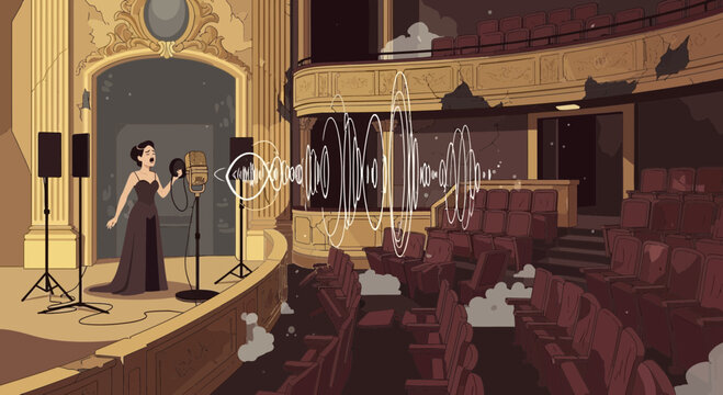 Elegant opera singer performing on stage with microphones.