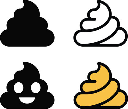 Four whimsical emoji-style representations of poop in various forms and colors Vector