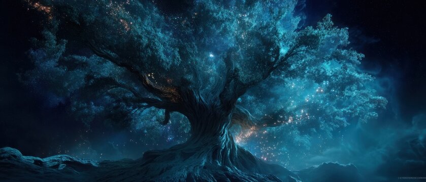 Abstract illustration of a glowing tree in dark environment art concept
