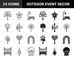 Obraz premium Stylized outdoor event and festival infrastructure icons featuring hybrid street lamps merged with party banners balloons musical notes and signage