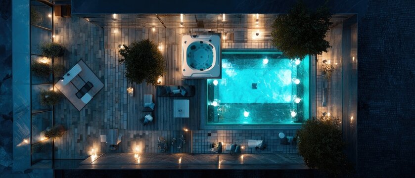 Evening illuminated pool and hot tub aerial view luxury outdoor leisure