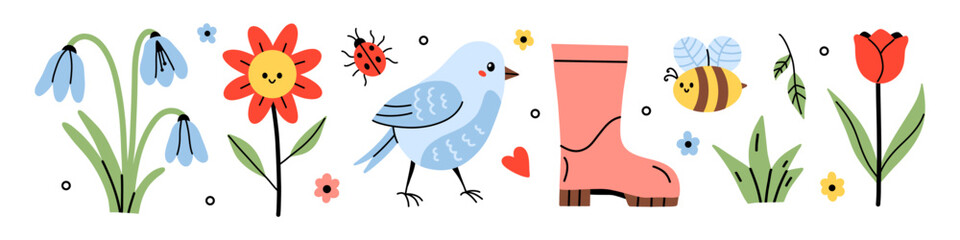 Vector set of cute spring garden elements with snowdrop and tulip flowers, daisy, blue bird, rain boot, bumblebee, ladybug. Playful seasonal illustration for card, banner, sticker, and kids design.