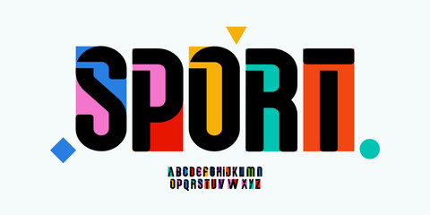 Fototapeta premium Sport Color Geometric Shape Font Logo Alphabet Letter Set Typography, Bright Colorful Creative Typographic Design, Urban Innovate Title Text Headline Logotype. Block Cutout Fonts. Vector Typeface