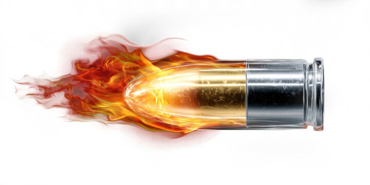 Flying bullet with bright glowing fire and smoke trail on a transparent alpha channel background