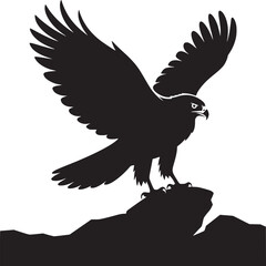 Fototapeta premium Silhouette of an eagle perched on a rock with its wings partially spread against a white background