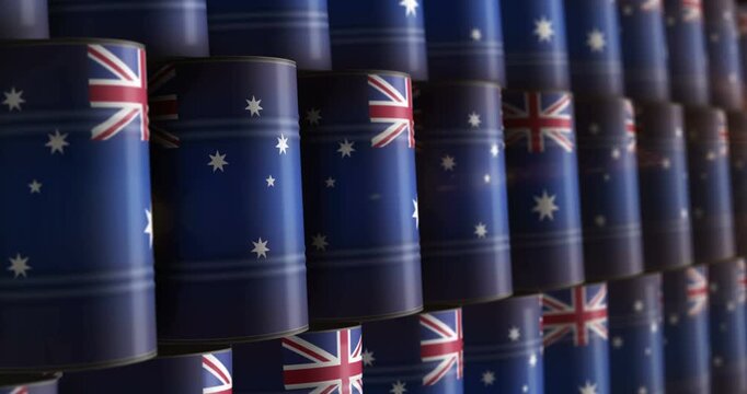 Australia oil business and fuel extraction barrels in row seamless and loopable concept. Australian petrol industrial containers.