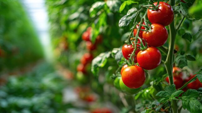 Ripe tomatoes growing on vines ready for harvest in a greenhouse