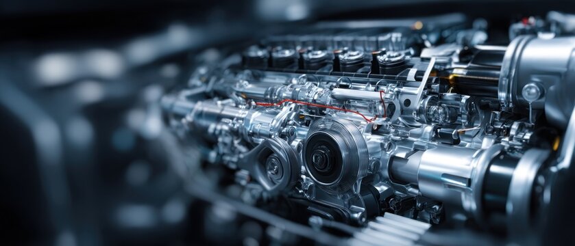 Close up of a modern internal combustion engine with metallic components