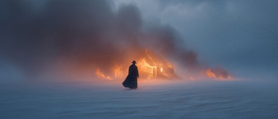 Silhouette of a person in front of a large fire at dusk or dawn