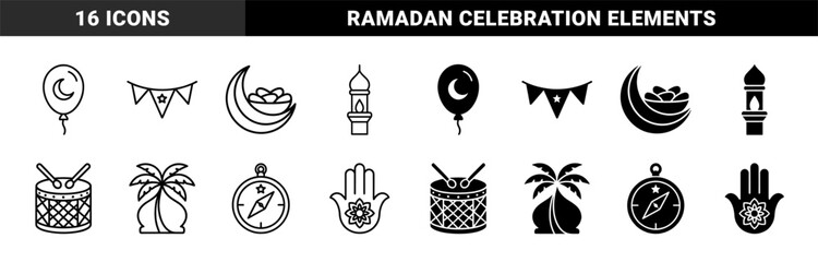 Obraz premium Islamic cultural symbols featuring moon crescent balloon prayer beads lantern minaret drum palm tree qibla compass and hamsa hand in line and solid style