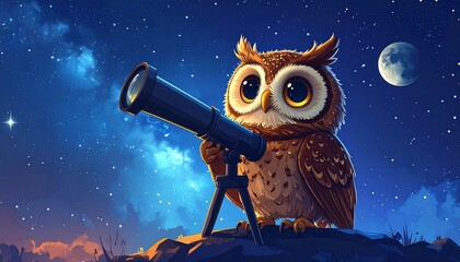 Obraz premium Owl Gazing at the Moon Through a Telescope.