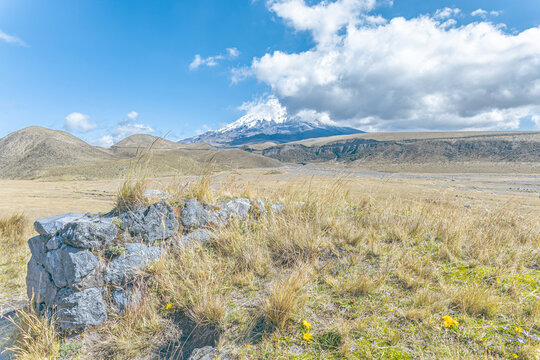 Cotopaxi National Park, Ecuador - February 5, 2026: The Pucar&aacute; del Salitre is a pre-Hispanic archaeological site, possibly Inca-Panzaleo. In the background, the Cotopaxi volcano can be seen.