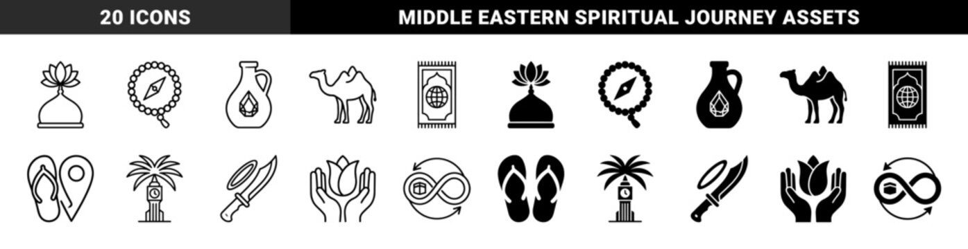 Islamic Pilgrimage Symbols Merged with Universal Travel and Eternity Concepts Featuring Mosque Domes Compass Beads and Mecca Clock Tower in Dual Stroke Style