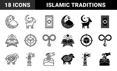 Islamic religious symbols and Eid al Adha tradition featuring sacrificial goat sheep and camel animals with mosque minaret and prayer rug