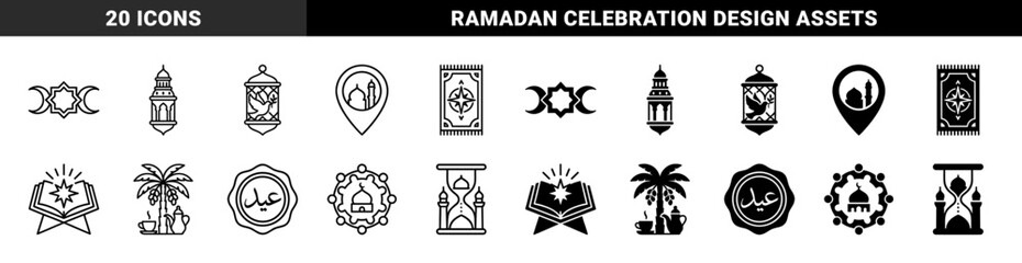 Islamic cultural symbol set featuring hybrid motifs of crescent moon stars and prayer rugs with mosque silhouettes and traditional ramadan lantern designs