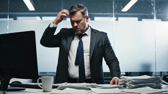 Stressed businessman throws papers in office. Man shows frustration with paperwork pile. Angry worker throws documents at desk. Manager stressed by paper workload. Office stress with flying papers.