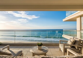 Fototapeta premium Serene Oceanfront Balcony View with Minimalist Furniture Arrangement
