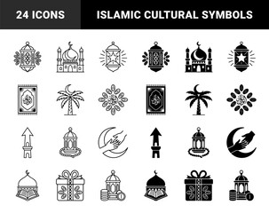 Obraz premium Islamic cultural symbols featuring hybrid designs of mosque architecture ramadan lanterns prayer rugs and moon crescent with dates and charity coins
