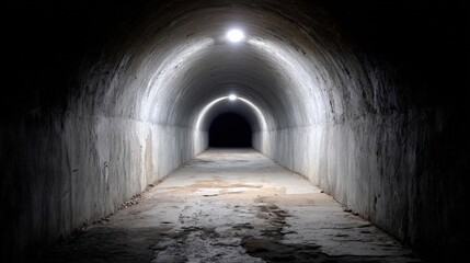 Fototapeta premium Dimly lit concrete tunnel with arched ceiling and cracked floor