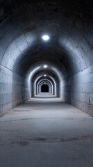Fototapeta premium Dimly lit underground tunnel with arched stone ceiling
