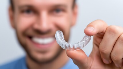 Young caucasian male smiling holding clear dental aligner close-up