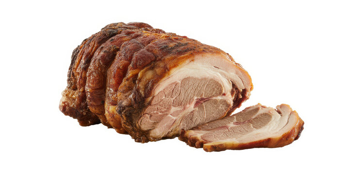 Roasted pork leg with slices cut off sliced meat white background
