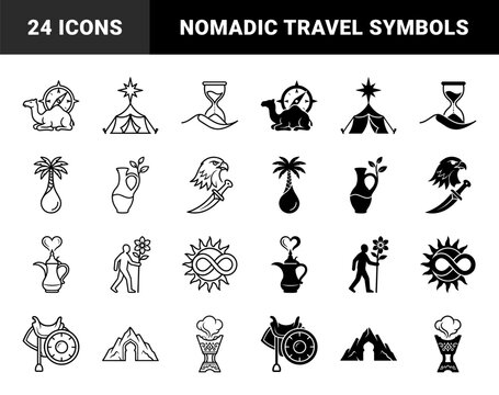 Hybrid desert heritage symbols merging traditional nomadic life with celestial navigation featuring camel compass tent star and hourglass motifs