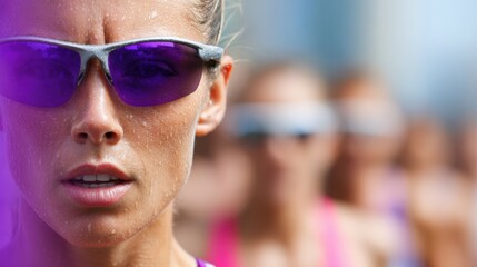 Focus on female runner with sunglasses during marathon