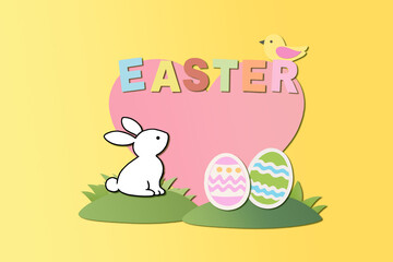 Cheerful Easter scene with bunny, decorated eggs, and bird on pastel background. © Shootdiem