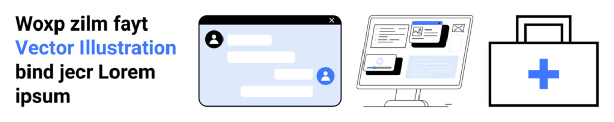 Obraz premium Telehealth, online communication, healthcare consultation, medical technology, modern diagnostics, remote patient care. Chat window, computer screen and first aid kit icon. Telehealth